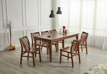 Wood dining table landscape with sunlight.