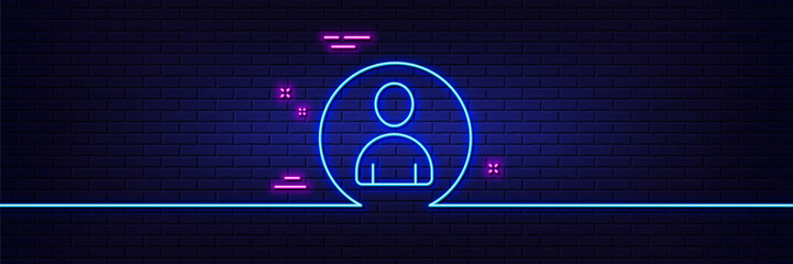 Neon light glow effect. User line icon. Profile Avatar sign. Person silhouette symbol. 3d line neon glow icon. Brick wall banner. Avatar outline. Vector