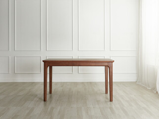 Wood dining table landscape with sunlight.