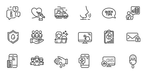 Outline set of Donation money, Medical phone and Cleaning line icons for web application. Talk, information, delivery truck outline icon. Include Ice cream, Teamwork, Report statistics icons. Vector
