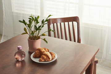 Wood dining table landscape with sunlight.