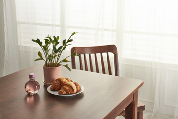 Wood dining table landscape with sunlight.