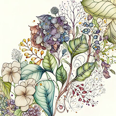 seamless pattern with flowers, crysanthenum with leaves and swirls, luxury detailed illustration. Generative AI.