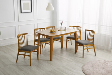 Wood dining table landscape with sunlight.