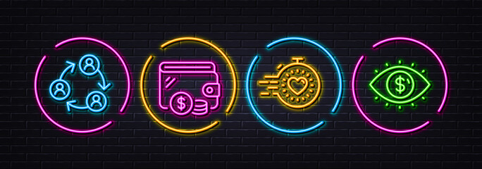 Teamwork, Wallet and Timer minimal line icons. Neon laser 3d lights. Business vision icons. For web, application, printing. Business conference, Cash money, Deadline management. Vector