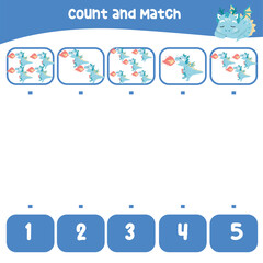 Count and match the images with the number worksheet for preschool kids. Educational printable math worksheet. Math game for children. Cute and kawaii baby dragon and unicorn edition. Vector file. 