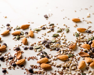 Fototapeta na wymiar Nuts, seeds, almonds and chocolate drops.