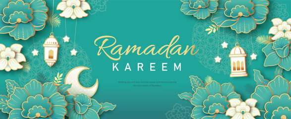 Islamic festival poster background design with flowers and lanterns,  suitable for Ramadan Kareem , Hari Raya, Eid Mubarak, Eid al Adha. - 574561794