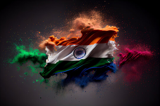illustration of indian flag made from holi dust on black background. AI