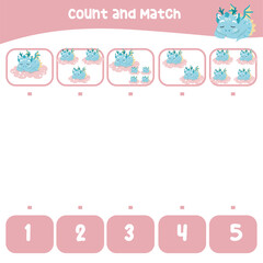 Count and match the images with the number worksheet for preschool kids. Educational printable math worksheet. Math game for children. Cute and kawaii baby dragon and unicorn edition. Vector file. 