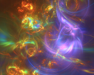 Abstract fractal art background. Glowing purple and orange lines and blurs.