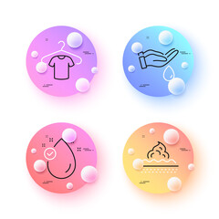 T-shirt, Skin care and Wash hands minimal line icons. 3d spheres or balls buttons. Vitamin e icons. For web, application, printing. Short sleeves shirt, Face cream, Skin care. Oil drop. Vector