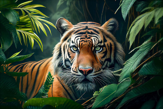 Portrait of a tiger in the wild, generative ai illustration