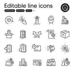 Set of Industrial outline icons. Contains icons as Skyscraper buildings, Inventory cart and Return package elements. Warning, Innovation, Wholesale inventory web signs. Help, Foreman. Vector