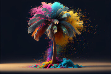 illustration of tropic palm tree with holi dust splash . AI - obrazy, fototapety, plakaty