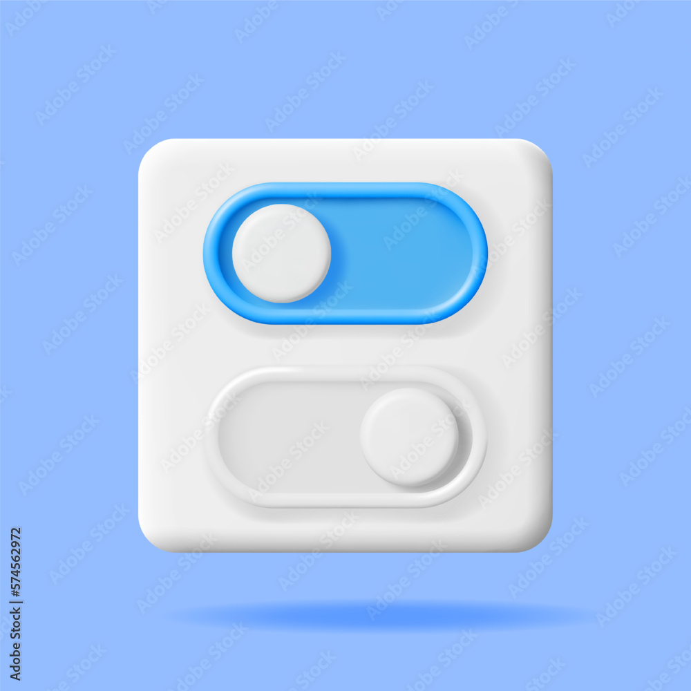 Poster 3d on and off buttons switch isolated. render slider bars selector. switcher yes or not. off and on 