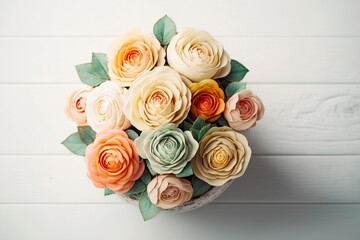 Bouquet of roses on white wooden table Generative AI