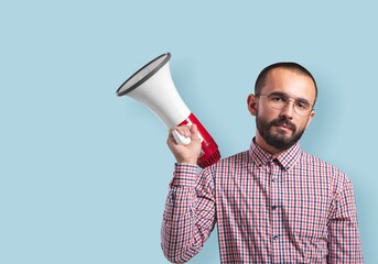 Promoter young man scream in megaphone