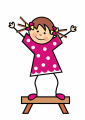 Girl on a stool, character, hand up, cute vector illustration, cartoon