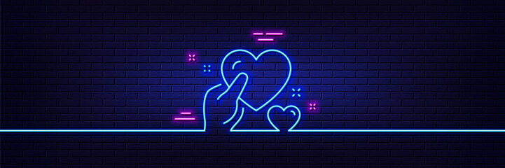 Neon light glow effect. Hold heart line icon. Care love emotion sign. Valentine day symbol. 3d line neon glow icon. Brick wall banner. Hold heart outline. Vector