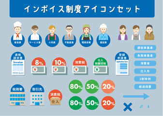 【アイコンセット】シンプル・フラットデザインなインボイス制度・適格請求書のイラスト | 消費税/2023年/適格請求書発行事業者/登録番号/請求書/Illustrator/経過措置/2割特例/事業者
