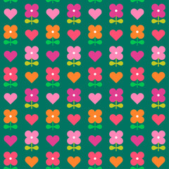 Colorful retro geometric flower and heart seamless pattern background.