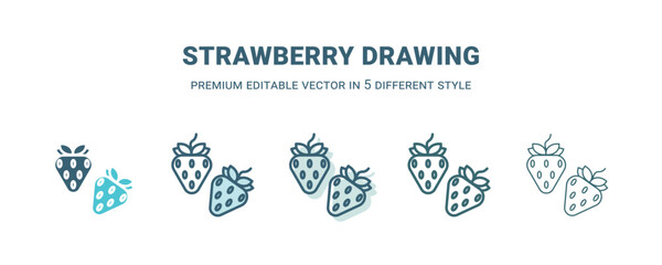 strawberry drawing icon in 5 different style. Outline, filled, two color, thin strawberry drawing icon isolated on white background. Editable vector can be used web and mobile