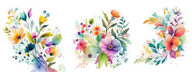 Watercolor spring flowers collection, Spring florals. Generative AI