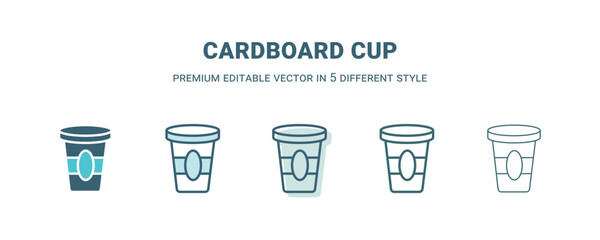 cardboard cup icon in 5 different style. Outline, filled, two color, thin cardboard cup icon isolated on white background. Editable vector can be used web and mobile