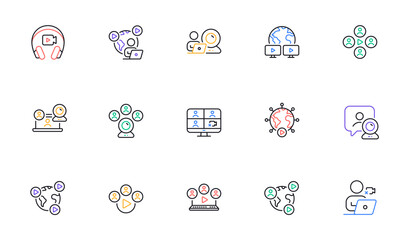 Online meeting line icons. Video conference, Virtual presentation, Live chat icons. Team video, Digital training, Online presentation. Live webinar, Remote team conference, Virtual study. Vector