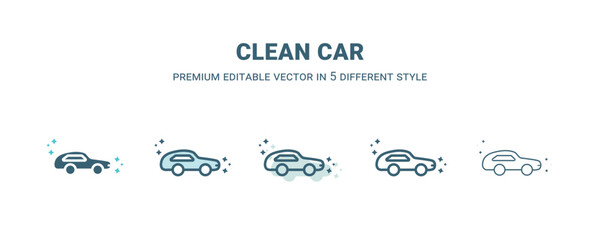 clean car icon in 5 different style. Outline, filled, two color, thin clean car icon isolated on white background. Editable vector can be used web and mobile