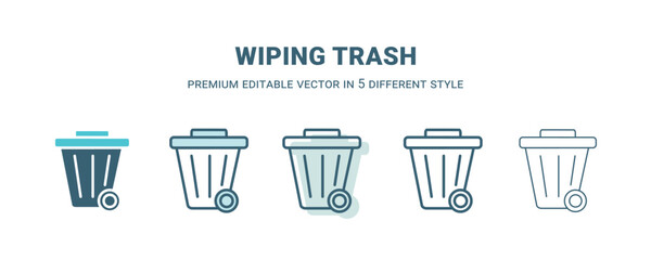 wiping trash icon in 5 different style. Outline, filled, two color, thin wiping trash icon isolated on white background. Editable vector can be used web and mobile