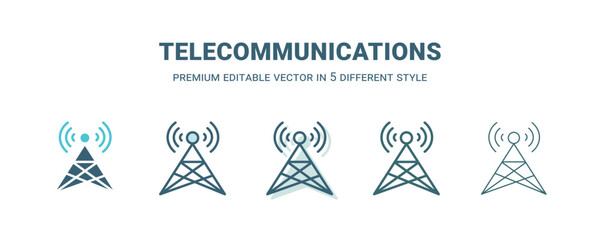 telecommunications icon in 5 different style. Outline, filled, two color, thin telecommunications icon isolated on white background. Editable vector can be used web and mobile