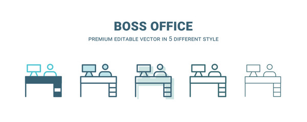 boss office icon in 5 different style. Outline, filled, two color, thin boss office icon isolated on white background. Editable vector can be used web and mobile