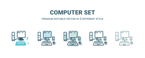 computer set icon in 5 different style. Outline, filled, two color, thin computer set icon isolated on white background. Editable vector can be used web and mobile