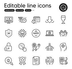 Set of Business outline icons. Contains icons as Ranking star, 24 hours and Food delivery elements. Time management, Wash hands, Lock web signs. Swipe up, Flight sale, Energy elements. Vector
