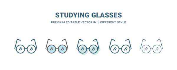 studying glasses icon in 5 different style. Outline, filled, two color, thin studying glasses icon isolated on white background. Editable vector can be used web and mobile