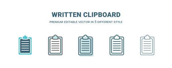 written clipboard icon in 5 different style. Outline, filled, two color, thin written clipboard icon isolated on white background. Editable vector can be used web and mobile