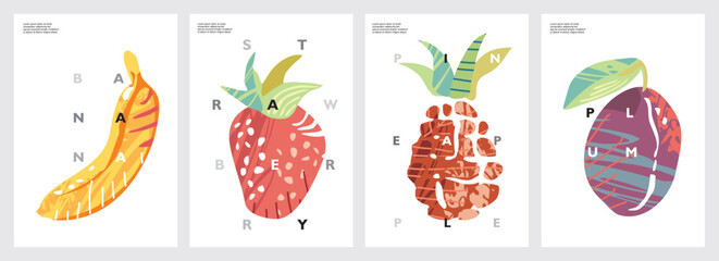 Fruits artistic summer banners and posters set. Vector fruit strawberry, pineapple, plum and banana illustrations watercolor style.