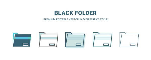 black folder icon in 5 different style. Outline, filled, two color, thin black folder icon isolated on white background. Editable vector can be used web and mobile