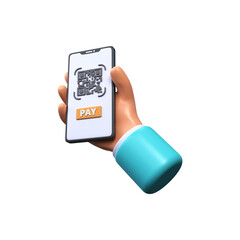 The hand holds a smartphone for payment with a QR code. 3d render.