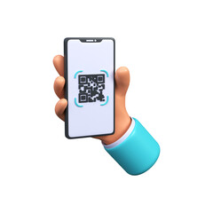 A man holds a phone with a QR code. 3d render 