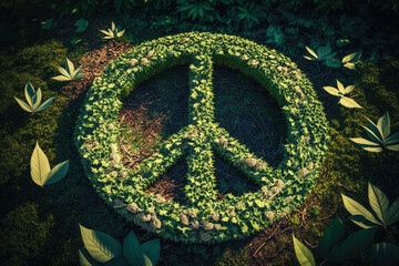 Obraz na płótnie Canvas Illustration of a peace symbol made from various shades of green leaves arranged in a circular pattern. Environmental and nature-related projects, as well as for promoting peace, unity, and harmony