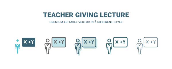teacher giving lecture icon in 5 different style. Outline, filled, two color, thin teacher giving lecture icon isolated on white background. Editable vector can be used web and mobile