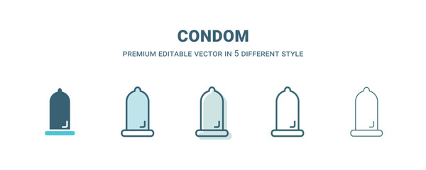 condom icon in 5 different style. Outline, filled, two color, thin condom icon isolated on white background. Editable vector can be used web and mobile - obrazy, fototapety, plakaty