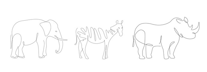 Rhinoceros and elephant line art. African animals single line. Linear illustration.