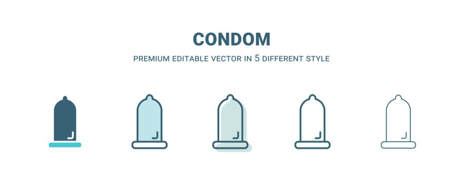 condom icon in 5 different style. Outline, filled, two color, thin condom icon isolated on white background. Editable vector can be used web and mobile