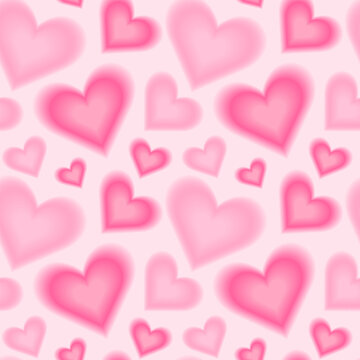 Trendy seamless pattern with y2k pink blurred gradient hearts. Pastel color background. Abstract geometric background.