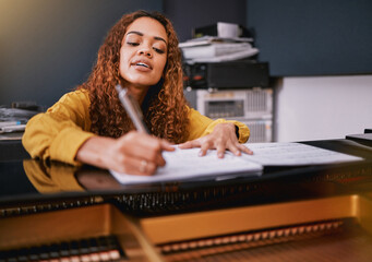Musician, paper or song writing on piano in recording studio for album recording, concert...