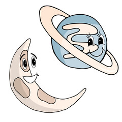 Cute space characters planet and moon on a white background. Cartoon vector illustration.